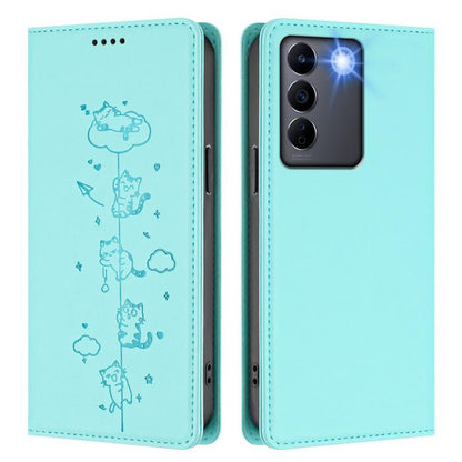 Cute Cats Embossed Magnetic RFID Vegan Leather Phone Case, For vivo V27 / V27 Pro 5G, For vivo V27e / T2 4G
