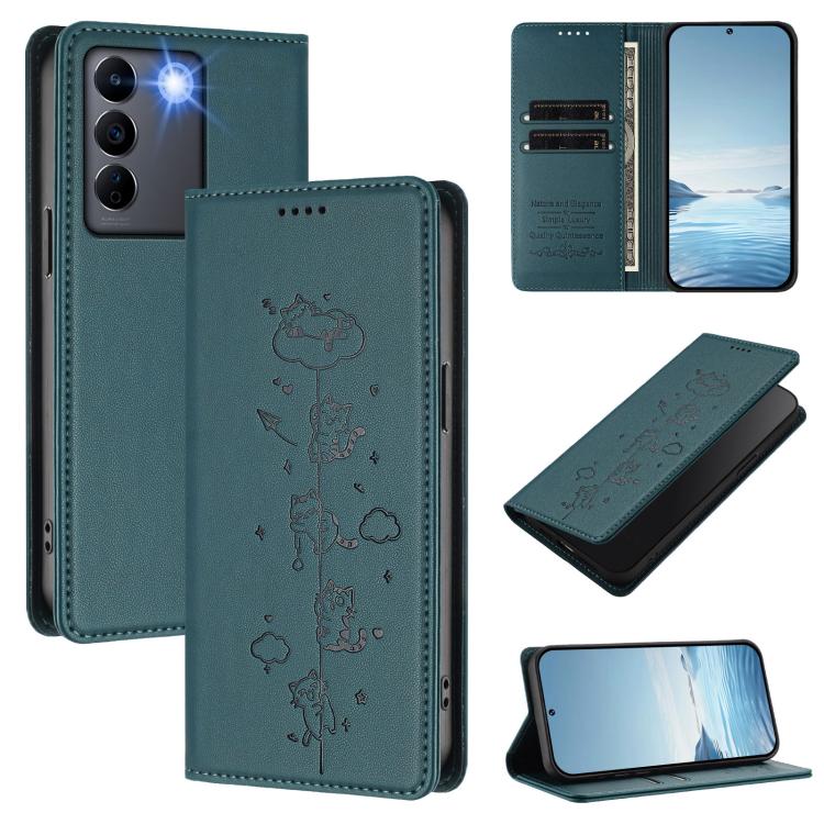 Cute Cats Embossed Magnetic RFID Vegan Leather Phone Case, For vivo V27 / V27 Pro 5G, For vivo V27e / T2 4G