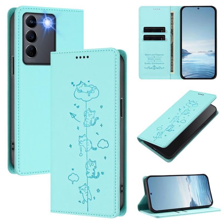 Cute Cats Embossed Magnetic RFID Vegan Leather Phone Case, For vivo V27 / V27 Pro 5G, For vivo V27e / T2 4G