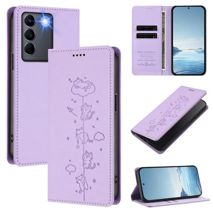 Cute Cats Embossed Magnetic RFID Vegan Leather Phone Case, For vivo V27 / V27 Pro 5G, For vivo V27e / T2 4G