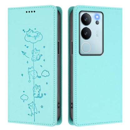 Cute Cats Embossed Magnetic RFID Vegan Leather Phone Case, For vivo V29e / Y200 / V30 Lite 5G, For vivo X100 Pro 5G