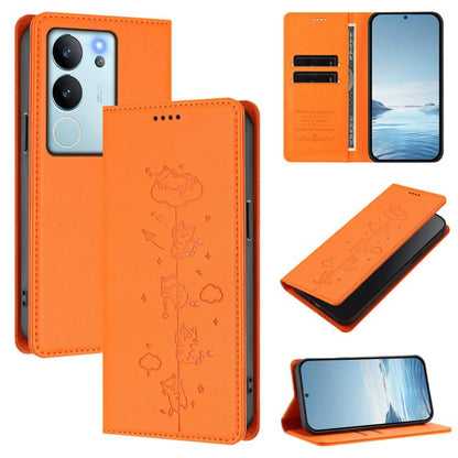 Cute Cats Embossed Magnetic RFID Vegan Leather Phone Case, For vivo V29e / Y200 / V30 Lite 5G, For vivo X100 Pro 5G