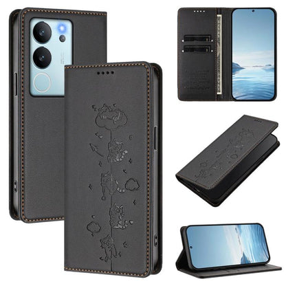 Cute Cats Embossed Magnetic RFID Vegan Leather Phone Case, For vivo V29e / Y200 / V30 Lite 5G, For vivo X100 Pro 5G
