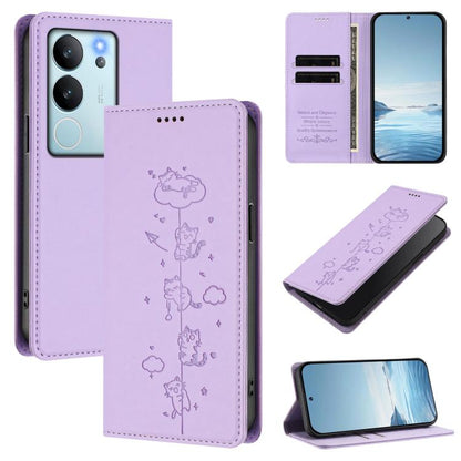 Cute Cats Embossed Magnetic RFID Vegan Leather Phone Case, For vivo V29e / Y200 / V30 Lite 5G, For vivo X100 Pro 5G