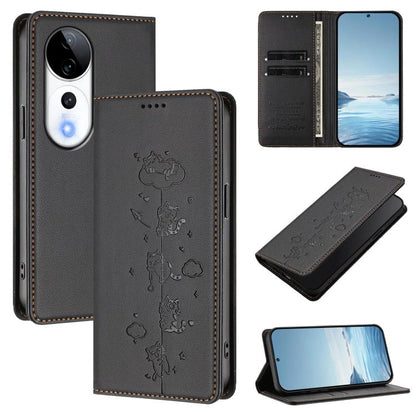 Cute Cats Embossed Magnetic RFID Vegan Leather Phone Case, For vivo V40 / V40 Pro / T3 Ultra 5G, For vivo iQOO Z9s Pro / T3 Pro 5G India