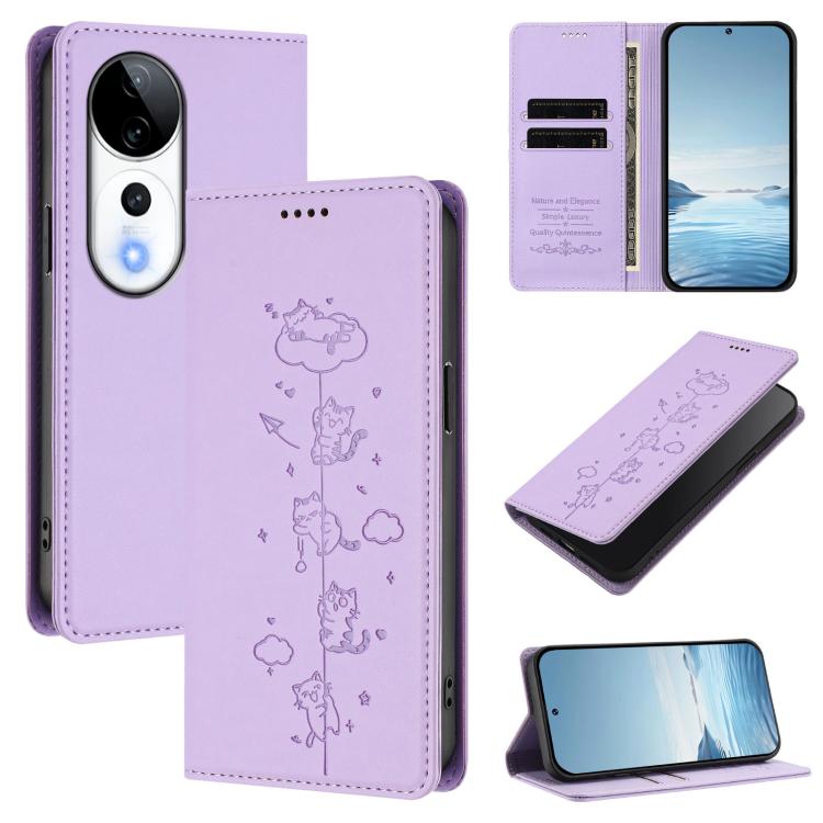 Cute Cats Embossed Magnetic RFID Vegan Leather Phone Case, For vivo V40 / V40 Pro / T3 Ultra 5G, For vivo iQOO Z9s Pro / T3 Pro 5G India