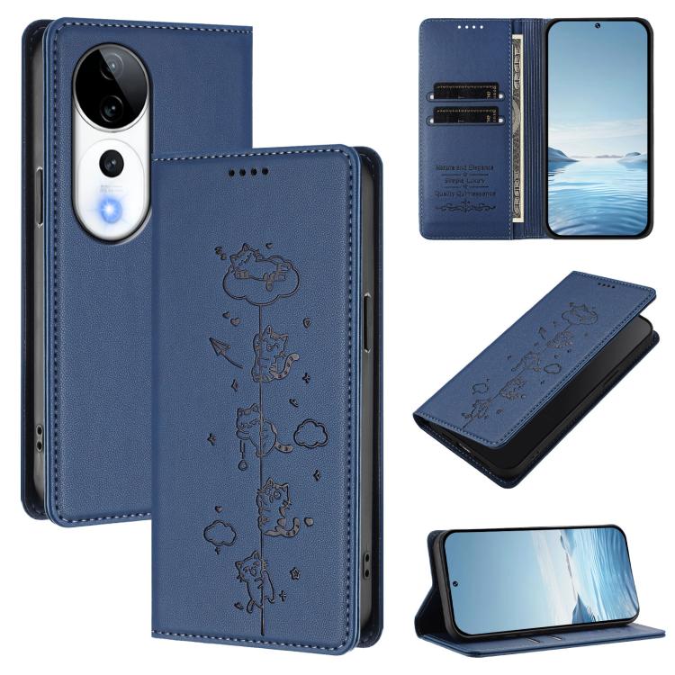 Cute Cats Embossed Magnetic RFID Vegan Leather Phone Case, For vivo V40 / V40 Pro / T3 Ultra 5G, For vivo iQOO Z9s Pro / T3 Pro 5G India