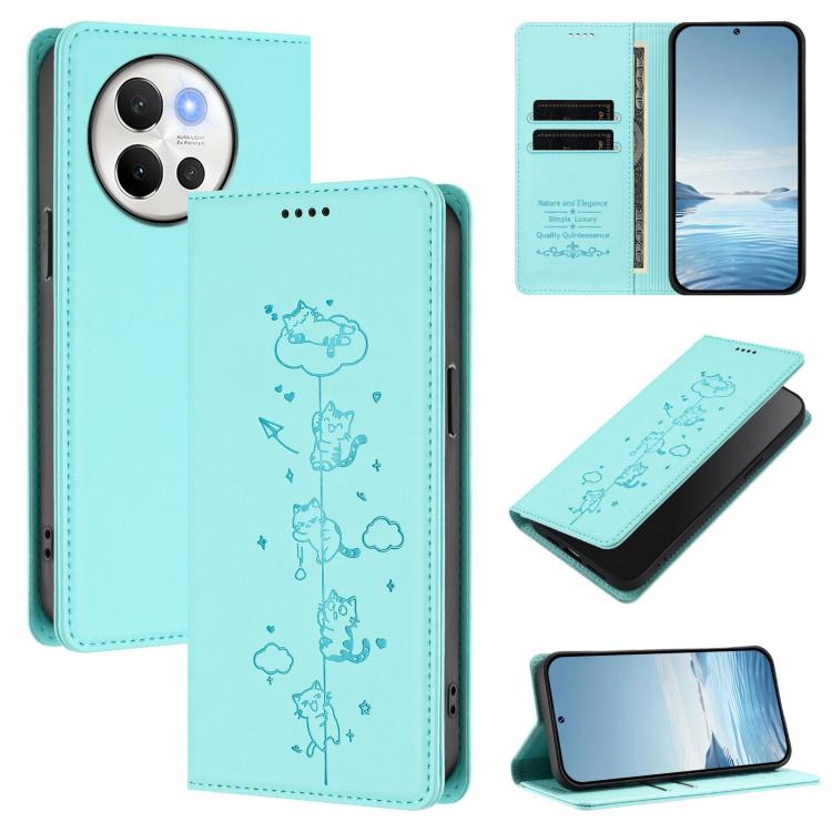 Cute Cats Embossed Magnetic RFID Vegan Leather Phone Case, For vivo Y03 4G / Y18 4G / Y28s 5G, For vivo V40 Lite / V30e 5G