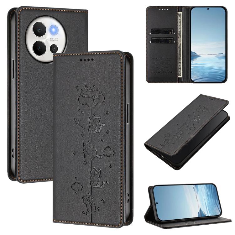 Cute Cats Embossed Magnetic RFID Vegan Leather Phone Case, For vivo Y03 4G / Y18 4G / Y28s 5G, For vivo V40 Lite / V30e 5G