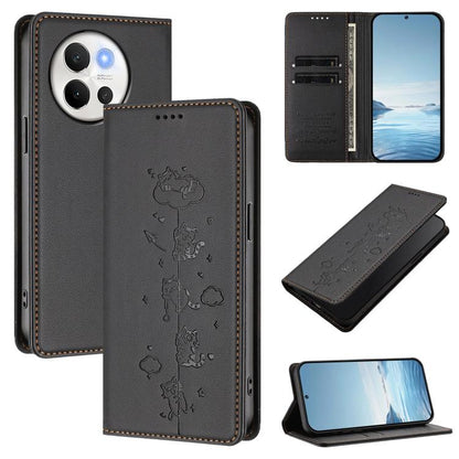Cute Cats Embossed Magnetic RFID Vegan Leather Phone Case, For vivo Y03 4G / Y18 4G / Y28s 5G, For vivo V40 Lite / V30e 5G