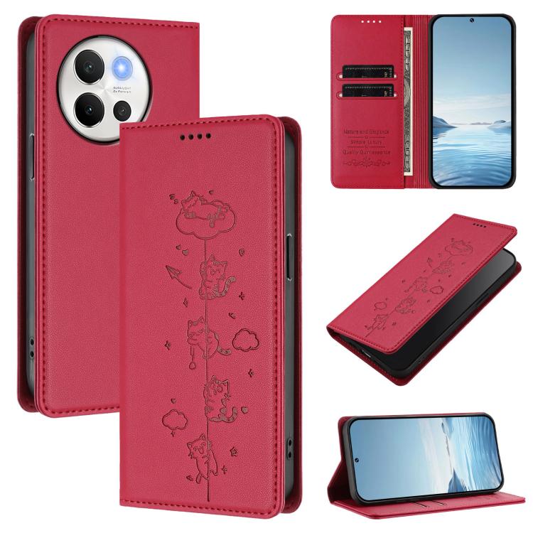 Cute Cats Embossed Magnetic RFID Vegan Leather Phone Case, For vivo Y03 4G / Y18 4G / Y28s 5G, For vivo V40 Lite / V30e 5G