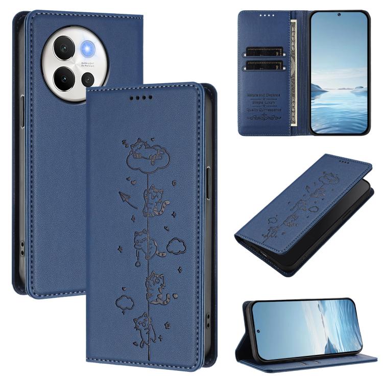 Cute Cats Embossed Magnetic RFID Vegan Leather Phone Case, For vivo Y03 4G / Y18 4G / Y28s 5G, For vivo V40 Lite / V30e 5G