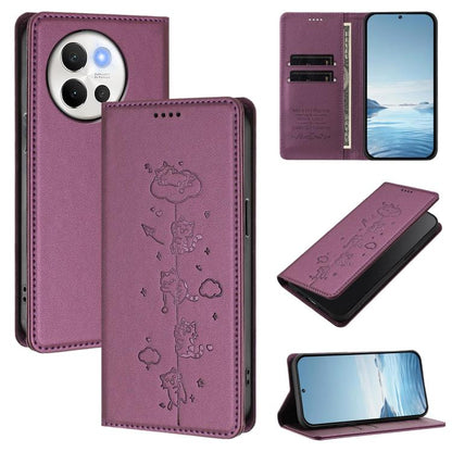 Cute Cats Embossed Magnetic RFID Vegan Leather Phone Case, For vivo Y03 4G / Y18 4G / Y28s 5G, For vivo V40 Lite / V30e 5G