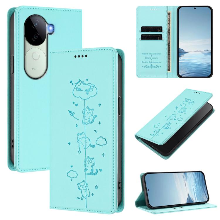 Cute Cats Embossed Magnetic RFID Vegan Leather Phone Case, For vivo X200 Pro 5G, For vivo V40e 5G India / iQOO Z9s 5G