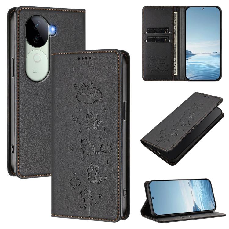 Cute Cats Embossed Magnetic RFID Vegan Leather Phone Case, For vivo X200 Pro 5G, For vivo V40e 5G India / iQOO Z9s 5G