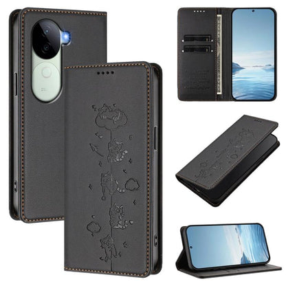 Cute Cats Embossed Magnetic RFID Vegan Leather Phone Case, For vivo X200 Pro 5G, For vivo V40e 5G India / iQOO Z9s 5G