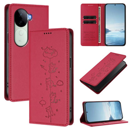 Cute Cats Embossed Magnetic RFID Vegan Leather Phone Case, For vivo X200 Pro 5G, For vivo V40e 5G India / iQOO Z9s 5G
