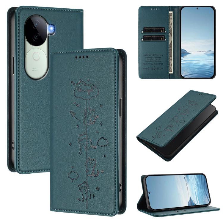 Cute Cats Embossed Magnetic RFID Vegan Leather Phone Case, For vivo X200 Pro 5G, For vivo V40e 5G India / iQOO Z9s 5G