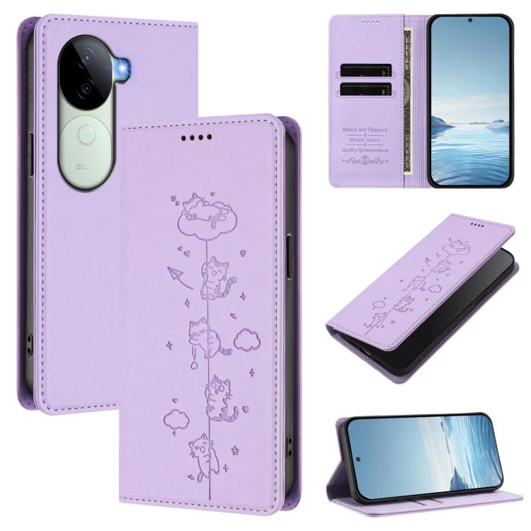 Cute Cats Embossed Magnetic RFID Vegan Leather Phone Case, For vivo X200 Pro 5G, For vivo V40e 5G India / iQOO Z9s 5G