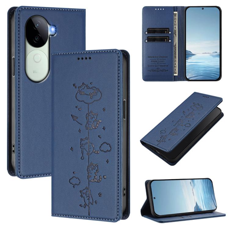 Cute Cats Embossed Magnetic RFID Vegan Leather Phone Case, For vivo X200 Pro 5G, For vivo V40e 5G India / iQOO Z9s 5G