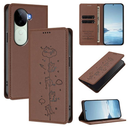 Cute Cats Embossed Magnetic RFID Vegan Leather Phone Case, For vivo X200 Pro 5G, For vivo V40e 5G India / iQOO Z9s 5G