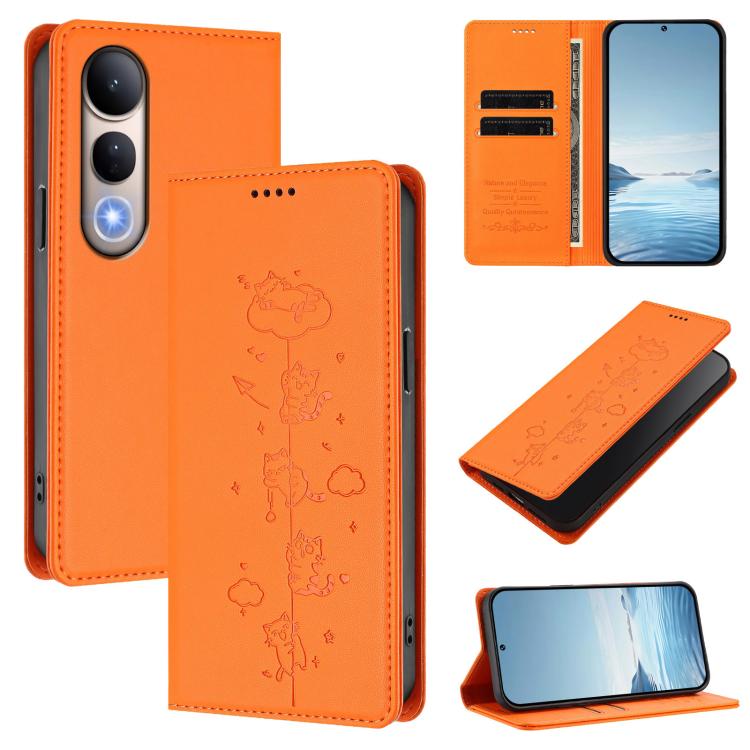 Cute Cats Embossed Magnetic RFID Vegan Leather Phone Case, For vivo V50 5G / V50e 5G, For vivo V50 Lite 5G / 4G
