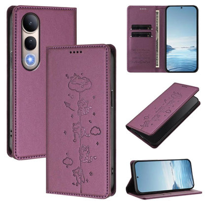 Cute Cats Embossed Magnetic RFID Vegan Leather Phone Case, For vivo V50 5G / V50e 5G, For vivo V50 Lite 5G / 4G