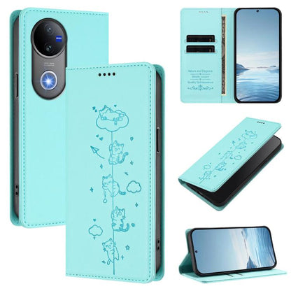 Cute Cats Embossed Magnetic RFID Vegan Leather Phone Case, For vivo V50 5G / V50e 5G, For vivo V50 Lite 5G / 4G