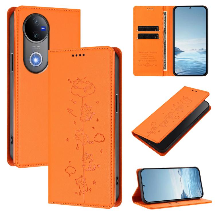 Cute Cats Embossed Magnetic RFID Vegan Leather Phone Case, For vivo V50 5G / V50e 5G, For vivo V50 Lite 5G / 4G