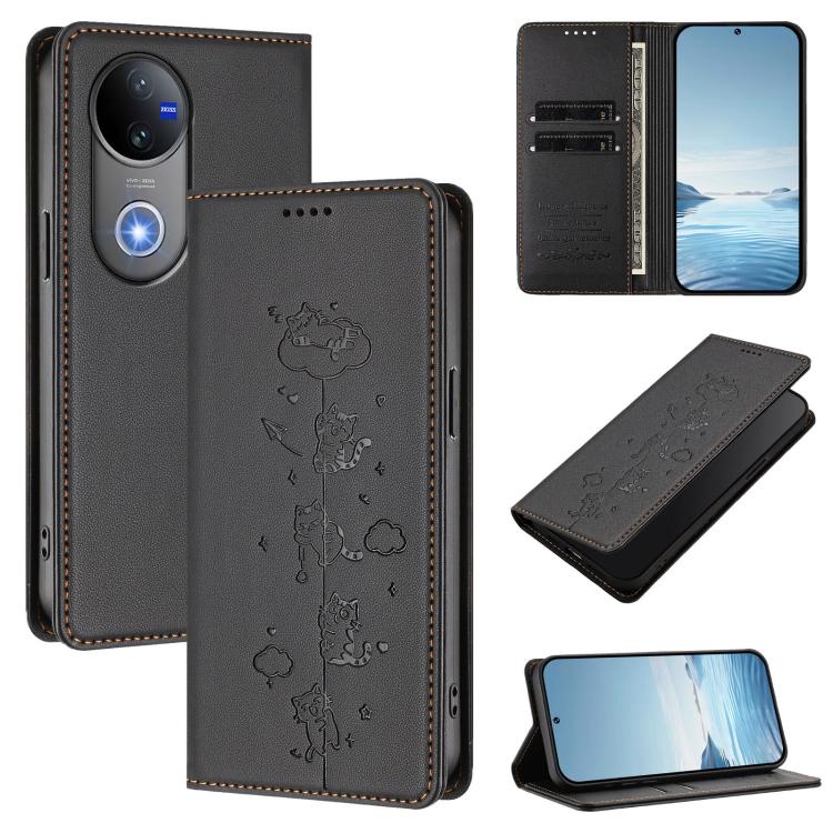 Cute Cats Embossed Magnetic RFID Vegan Leather Phone Case, For vivo V50 5G / V50e 5G, For vivo V50 Lite 5G / 4G