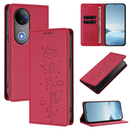 Cute Cats Embossed Magnetic RFID Vegan Leather Phone Case, For vivo V50 5G / V50e 5G, For vivo V50 Lite 5G / 4G
