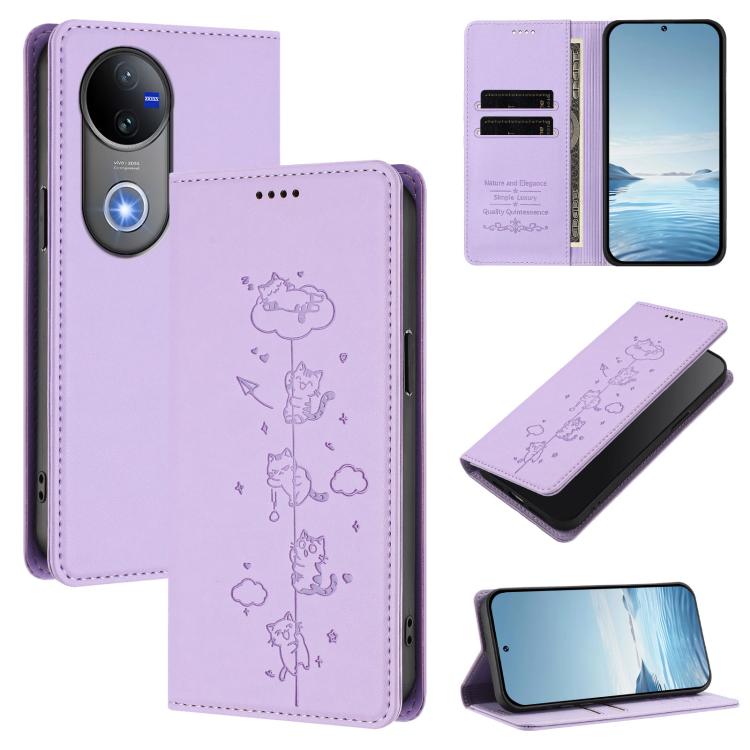 Cute Cats Embossed Magnetic RFID Vegan Leather Phone Case, For vivo V50 5G / V50e 5G, For vivo V50 Lite 5G / 4G