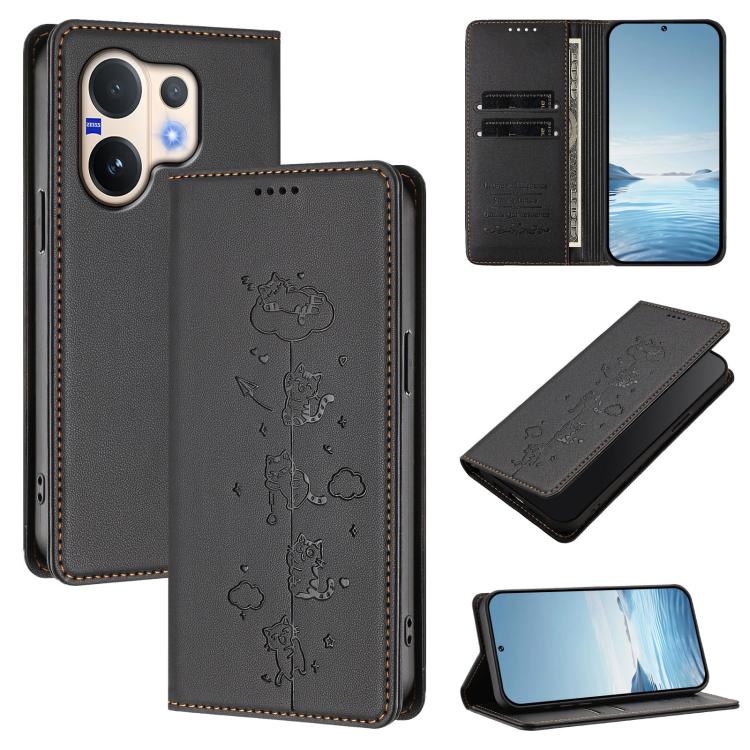 Cute Cats Embossed Magnetic RFID Vegan Leather Phone Case, For vivo S50 5G, For vivo V60 5G / V60e 5G