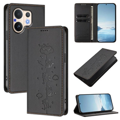 Cute Cats Embossed Magnetic RFID Vegan Leather Phone Case, For vivo S50 5G, For vivo V60 5G / V60e 5G