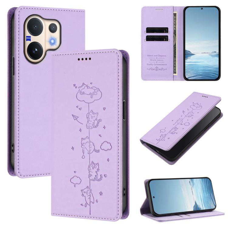 Cute Cats Embossed Magnetic RFID Vegan Leather Phone Case, For vivo S50 5G, For vivo V60 5G / V60e 5G