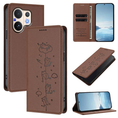 Cute Cats Embossed Magnetic RFID Vegan Leather Phone Case, For vivo S50 5G, For vivo V60 5G / V60e 5G