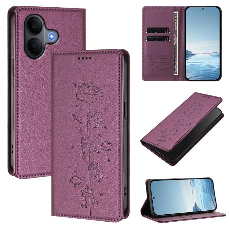 Cute Cats Embossed Magnetic RFID Vegan Leather Phone Case, For vivo Y31 5G, For vivo V60 Lite 5G