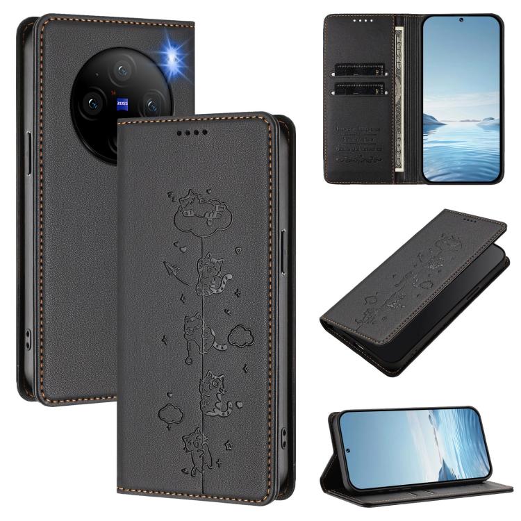 Cute Cats Embossed Magnetic RFID Vegan Leather Phone Case, For vivo X100 5G, For vivo Y36 4G / Y27s 4G