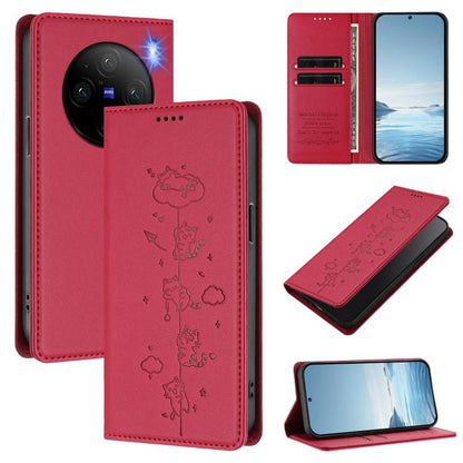 Cute Cats Embossed Magnetic RFID Vegan Leather Phone Case, For vivo X100 5G, For vivo Y36 4G / Y27s 4G