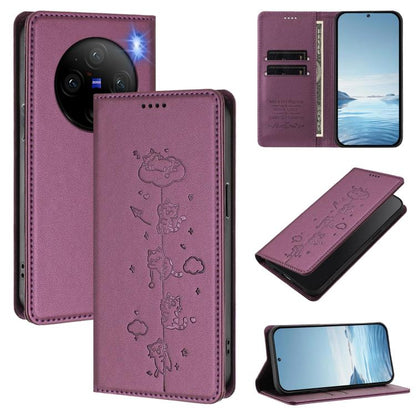 Cute Cats Embossed Magnetic RFID Vegan Leather Phone Case, For vivo X100 5G, For vivo Y36 4G / Y27s 4G