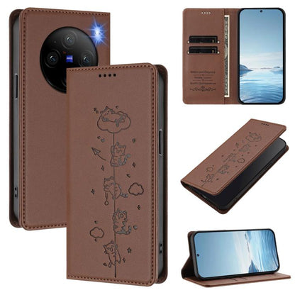 Cute Cats Embossed Magnetic RFID Vegan Leather Phone Case, For vivo X100 5G, For vivo Y36 4G / Y27s 4G