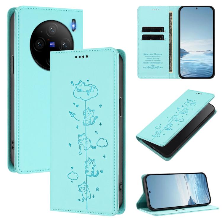 Cute Cats Embossed Magnetic RFID Vegan Leather Phone Case, For vivo X100s 5G, For vivo Y38 5G / T3x 5G