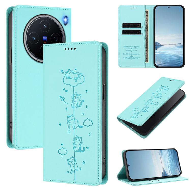 Cute Cats Embossed Magnetic RFID Vegan Leather Phone Case, For vivo X200 5G, For vivo X200 Pro mini