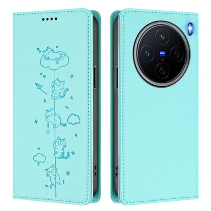 Cute Cats Embossed Magnetic RFID Vegan Leather Phone Case, For vivo X200 5G, For vivo X200 Pro mini