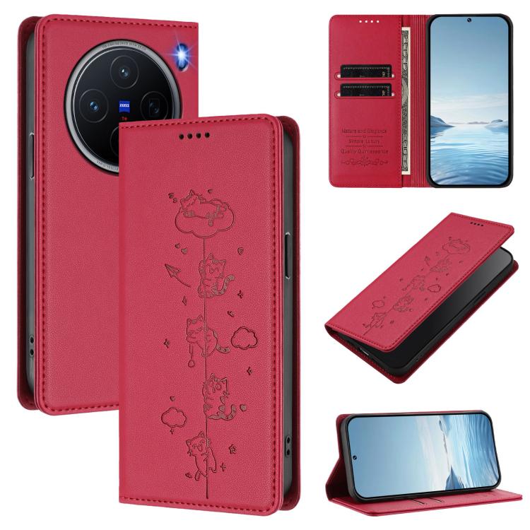 Cute Cats Embossed Magnetic RFID Vegan Leather Phone Case, For vivo X200 5G, For vivo X200 Pro mini