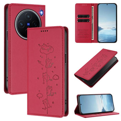 Cute Cats Embossed Magnetic RFID Vegan Leather Phone Case, For vivo X200 5G, For vivo X200 Pro mini