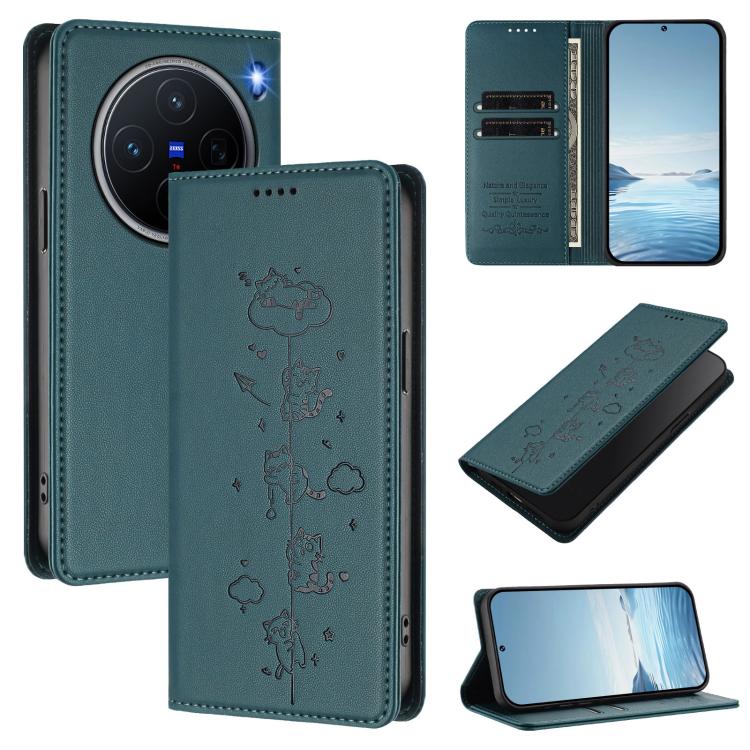 Cute Cats Embossed Magnetic RFID Vegan Leather Phone Case, For vivo X200 5G, For vivo X200 Pro mini