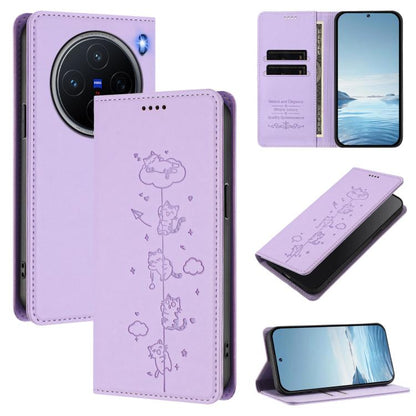 Cute Cats Embossed Magnetic RFID Vegan Leather Phone Case, For vivo X200 5G, For vivo X200 Pro mini