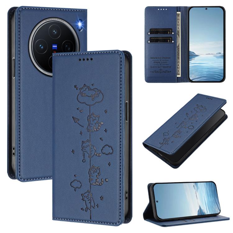 Cute Cats Embossed Magnetic RFID Vegan Leather Phone Case, For vivo X200 5G, For vivo X200 Pro mini