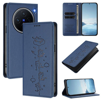 Cute Cats Embossed Magnetic RFID Vegan Leather Phone Case, For vivo X200 5G, For vivo X200 Pro mini